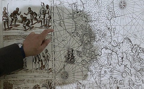 A Filipino businessman, Mel Velarde, pointing to a replica of a 1734 map he bought at auction in London that shows Scarborough Shoal as part of Philippine territory under Spanish rule. The Philippine government requested copies of historical maps for its arbitration case against China in The Hague.